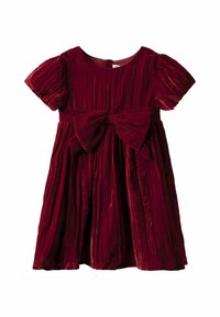 Svilnato temno rdeče dekliško obleko z kratkimi napihnjenimi rokavi, naborkanim krilom in velikim lokom v pasu.