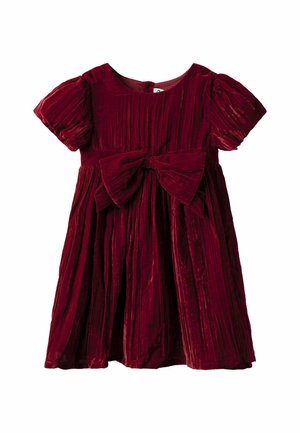 Aksamitna, głęboka czerwona sukienka dla dziewczynki z krótkimi, bufkowymi rękawami, plisowanym dołem i dużą kokardą w talii.