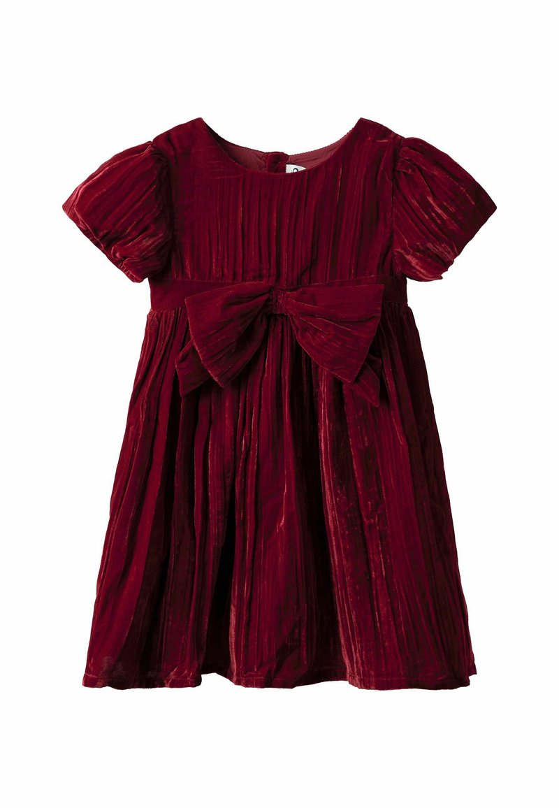 Svilnato temno rdeče dekliško obleko z kratkimi napihnjenimi rokavi, naborkanim krilom in velikim lokom v pasu.