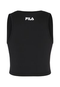 Top deportivo negro sin mangas fabricado en material elástico, cuenta con un escote redondo y un logo blanco de FILA en la parte posterior.