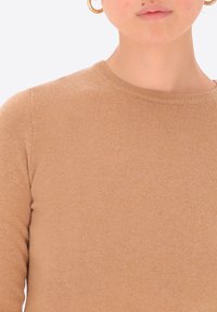 Maglione in fibra di nylon beige lavorato a maglia con scollo rotondo, polsini a costine e texture liscia. Presenta un design aderente con un'estetica minimalista.