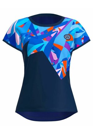 Kurzärmliges Sportoberteil mit einem geometrischen Muster in Blau, Pink und Orange, einem marineblauen Saum und einem runden Halsausschnitt.