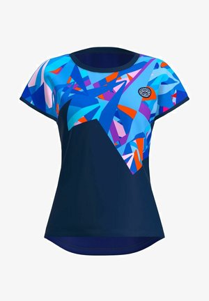 Kurzärmliges Sportoberteil mit einem geometrischen Muster in Blau, Pink und Orange, einem marineblauen Saum und einem runden Halsausschnitt.