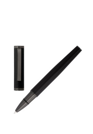 Black rollerball pen with a textured herringbone pattern. Features a sleek, tapered shape and a matching cap with a clip.