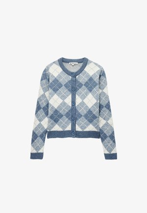 Cardigan a rombi blu e bianchi con scollatura tonda, chiusura a bottoni e polsi a coste. Tessuto morbido, lunghezza cropped.