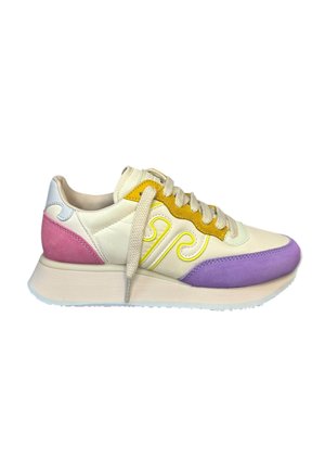Sneaker beige con accenti gialli, rosa e viola. Materiali in morbida pelle e camoscio, punta rotonda, design con lacci e suola testurizzata.