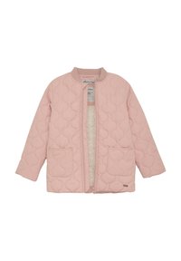 Rosa kviltad jacka med rund hals, långa ärmar, två framfickor och ett blommönstrat foder. Mjuk tyg med en texturerad design.