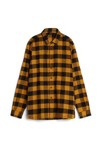 Gecheckerd shirt in geel en zwart flanel, met lange mouwen, een kraag en een knoopsluiting aan de voorkant. Zachte textuur met een relaxte pasvorm.