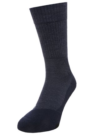 Donkerblauwe kniekous met ribbelstructuur, verstevigde teen en gladde bovenrand. Gemaakt van een comfortabele materialenmix.