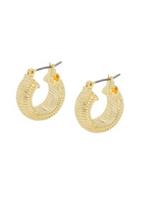 Gold-tone hoops with a ribbed texture and a polished finish. Designed with a hinged clasp for secure wear. Round shape with a smooth interior.