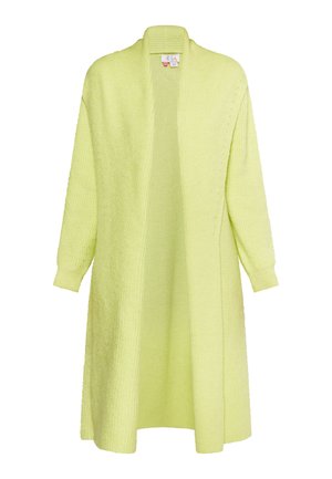 Lang, åben-front cardigan i lys neon gul, lavet af blødt tekstureret stof. Har lange ærmer og en afslappet pasform med ribbede manchetter.