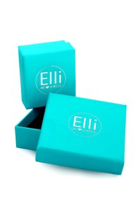 Caja de joyería turquesa con un acabado mate, que presenta un logo plateado "Elli WE ♥ JEWELS," ligeramente abierta para revelar el interior negro.