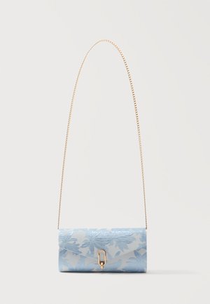Small rectangular light blue clutch with floral pattern, gold clasp, and thin gold chain strap on a plain background.