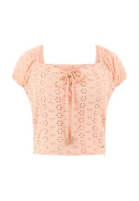 Kortærmet, cropped top i lyserød broderet stof. Har en firkantet halsudskæring og et frontbånd med detaljer i guldhardware.