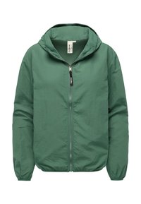 Žalia lengva striukė su gobtuvu, priekyje užtrauktukas ir elastingi rankogaliai, atvaizduota ant balto fono.