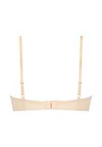 Beige bh met verstelbare banden, gemaakt van gladde stof. Beschikt over een sluiting aan de achterkant en een minimalistisch ontwerp. Geen padding of beugel.