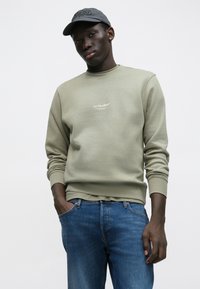 Gaiši olīvu zaļa džemperis ar riboto aproču un apakšmalu, uz kura redzams balts "JJ Studios" logotips. Modelis valkā zilas džinsas un pelēku cepuri.