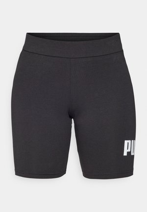 Zwarte shorts van rekbaar materiaal met een hoge tailleband, met een witte "PUMA"-logo op het rechteronderbeen.