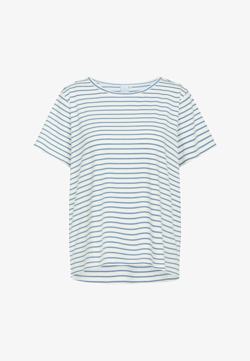 Raidallinen t-paita, jossa on rento mitoitus, lyhyet hihat ja pyöreä kaula-aukko. Valmistettu kevyestä kankaasta, valkoisena sinivalkoisilla raidoilla.