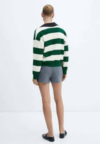 Maglione a strisce verdi e bianche con colletto nero, abbinato a pantaloni corti grigi e scarpe nere. Tessuto a maglia liscia; vestibilità comoda.