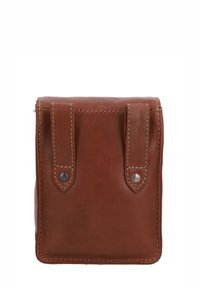 Brown leather bag with a smooth texture, two front straps, and silver hardware. Features a rectangular shape with contrast stitching.