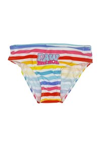 Bañador multicolor con rayas horizontales en rosa, azul, amarillo y rojo, con un logo de "Paw Patrol" en rosa en la parte frontal.