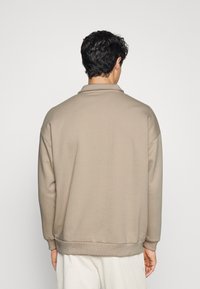 Beige, oversized sweatshirt med krage, ribbade ärmslut och nederkant. Mjuk tyg, slät yta, bakvy, inga synliga mönster eller grafik.