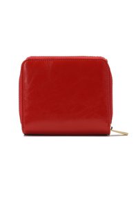 Portofel roșu din piele, cu o suprafață netedă, formă rectangulară, închidere cu fermoar și un maner aurit.