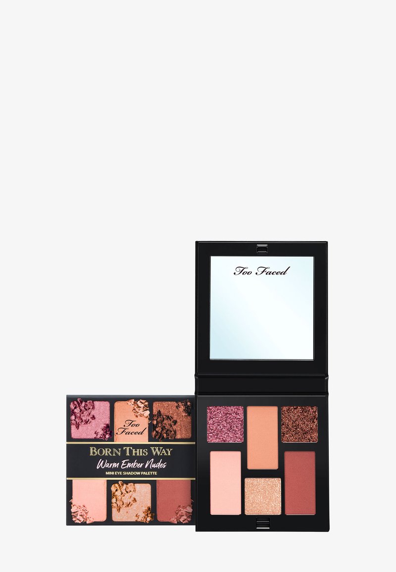 Too Faced Born This Way Warm Ember Nudes eyeshadow palette with six pink and brown matte and shimmer shades and built-in mirror.