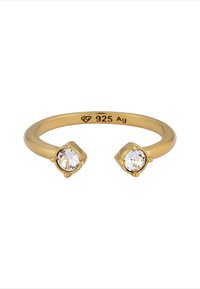 Goldplattierter 925er Silberring mit zwei klaren, runden synthetischen Steinen, die in krallenartigen Prangen gefasst sind, und einem glatten, eleganten Band.
