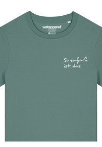T-shirt en coton vert menthe avec un col rond et des manches courtes, portant le texte "So einfach ist das." en blanc à l'avant.