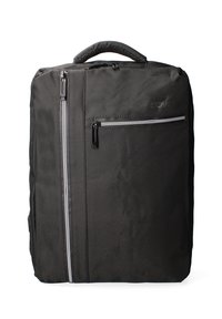 Zaino nero realizzato in tessuto resistente, dotato di maniglia superiore, tasca frontale con zip e zip di accento grigio, con forma rettangolare.