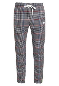 Heren joggingbroek met een zwart, wit en rood geruit patroon met blauwe accenten, voorzien van een elastische tailleband en trekkoord, gemaakt van zachte stof.