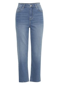 Jeans de mezclilla azul de cintura alta con un diseño de pierna recta, que presentan áreas deslavadas, bolsillos delanteros y un dobladillo sin terminar en la parte inferior.
