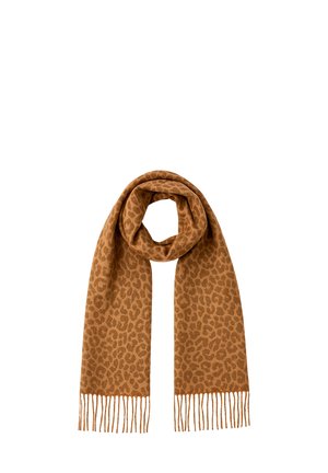 Brauner Schal mit Leopardenmuster, aus weichem Stoff, mit fransigen Rändern und rechteckiger Form.