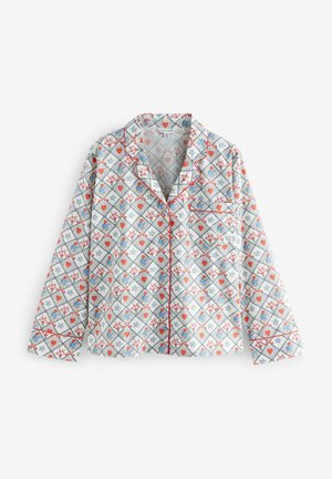 Cămașă de pijama cu mâneci lungi, confecționată dintr-un material moale, cu un fundal alb decorat cu modele de diamante roșii și albastre, inimioare și stele, având un tiv contrastant.