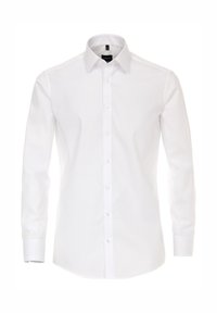 Camicia da uomo bianca a maniche lunghe con colletto a punta, davanti con bottoni e polsini bottonati, mostrata su uno sfondo bianco.