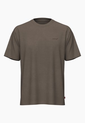 Korte mouwen bruin katoenen T-shirt met ronde hals, met een klein logo op de borst en een label aan de zijkant.