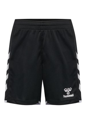 Czarne sportowe spodenki z białymi paskami w kształcie litery V po bokach oraz białym logo Hummel na dolnej lewej nogawce.