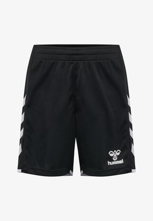 Schwarze Sportschorts mit weißen Chevron-Streifen an den Seiten und einem weißen Hummel-Logo am unteren linken Bein.