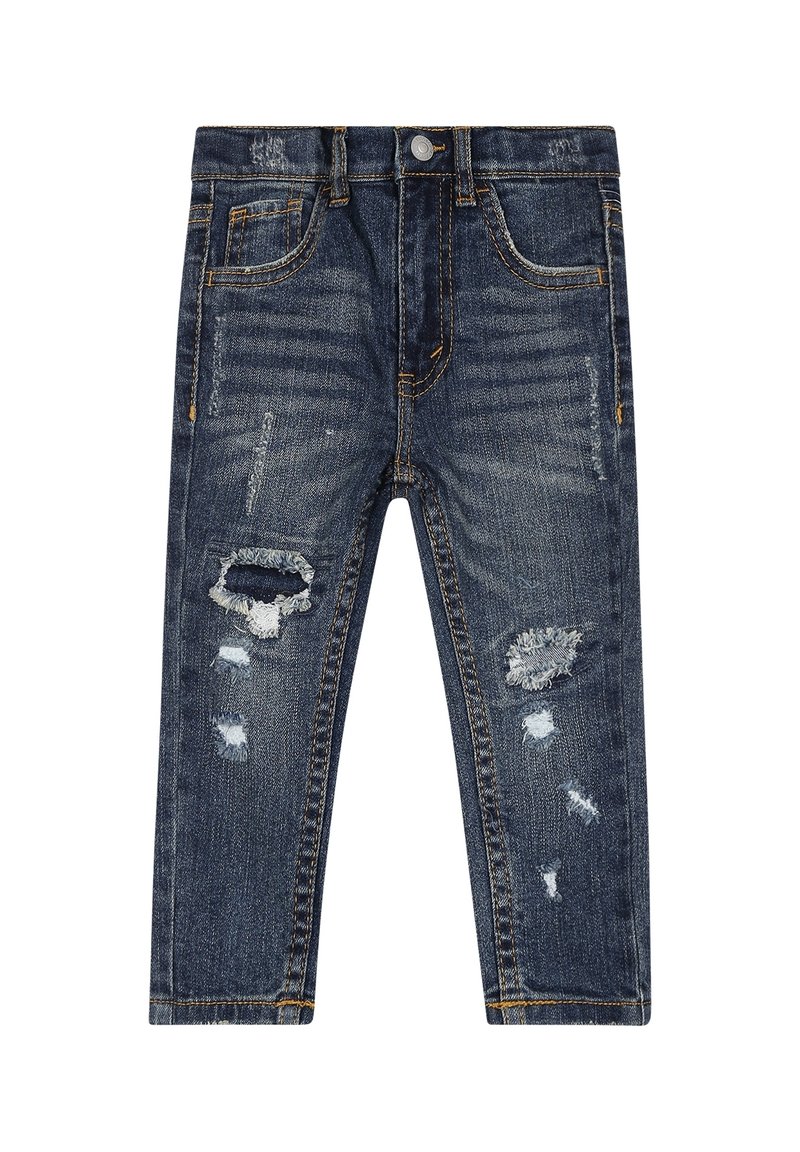 Dark blue denim jeans with distressed patches, five-pocket design, visible stitching in contrasting golden yellow, and slim fit.