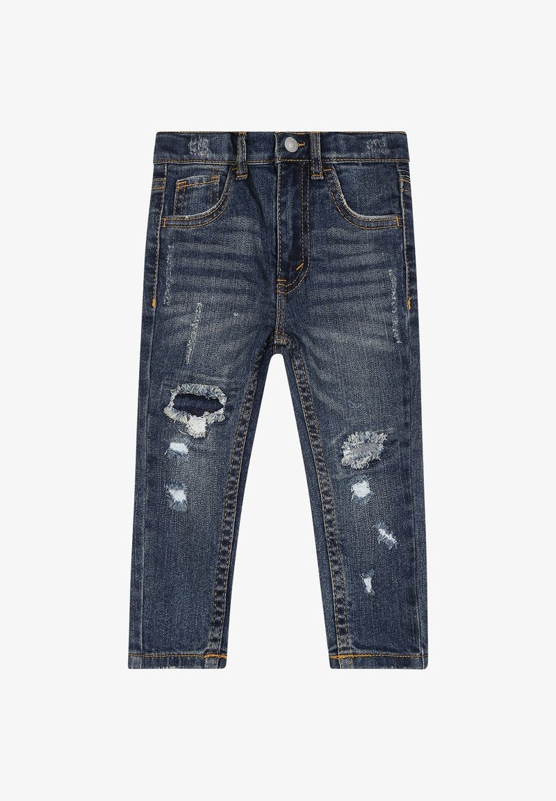 Dark blue denim jeans with distressed patches, five-pocket design, visible stitching in contrasting golden yellow, and slim fit.