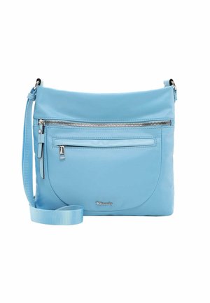 Sac bandoulière bleu clair en matière synthétique lisse. Doté d'une poche avant zippée et d'une sangle ajustable. Détail du logo à l'avant.