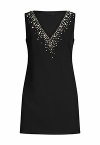 Robe noire sans manches avec un décolleté en V profond ornée de strass argentés et transparents dispersés.