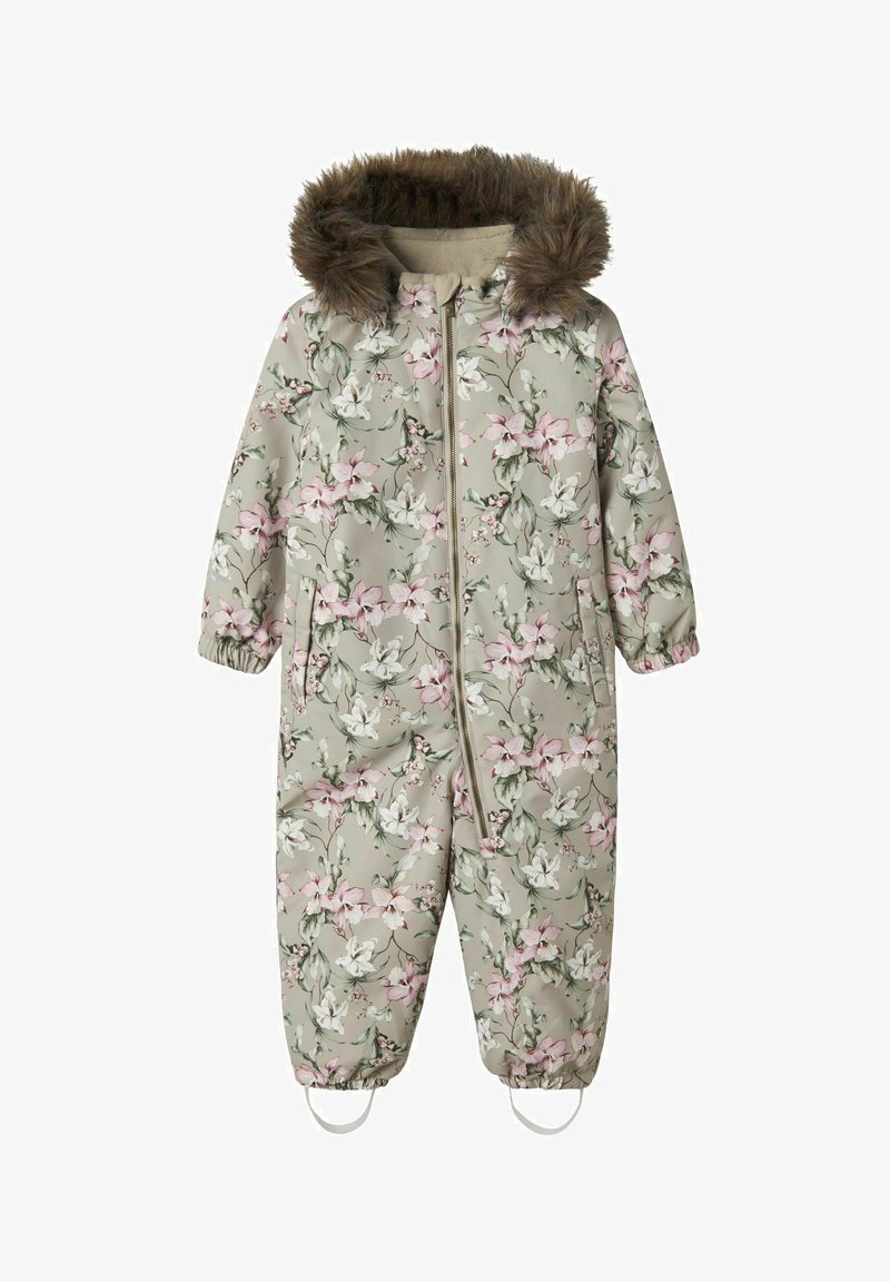 Bloemmotief, geïsoleerde overall in gedempt groen, met een faux fur capuchon, elastische cuffs en voetbanden voor extra warmte.