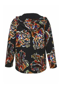 Langärmeliges Kapuzenshirt in Schwarz mit bunten abstrakten Blumenmustern in Rot, Blau, Grün und Beige. Weicher Stoff mit lockerem Schnitt.