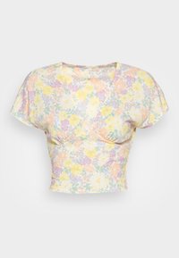 Květinový crop top v pastelových barvách s výstřihem do V, krátkými rukávy a nařasením v oblasti poprsí, vyrobený z texturované tkaniny.