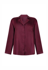 Burgundowa satynowa koszula z pionowymi paskami, długimi rękawami, kołnierzykiem typu notch oraz jedną kieszenią na piersi z zapięciem na guzik.