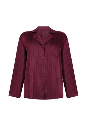 Bordeaux satijnen shirt met verticale strepen, lange mouwen, een notch kraag en een enkele borstzak met knoopsluiting.