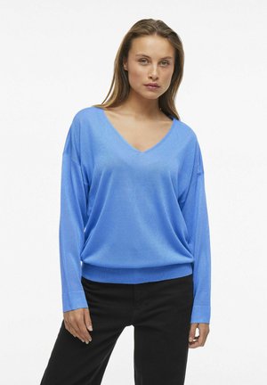 Maglione blu a collo a V con maniche lunghe e ampie, polsini a costine e orlo inferiore, realizzato in un tessuto morbido e leggero.